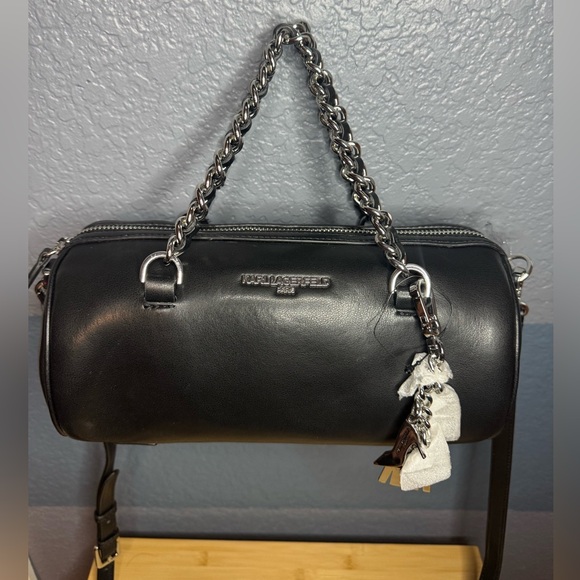 Karl Lagerfeld Paris Delaine Leather Barrel Bag with bag charm - Picture 1 of 5